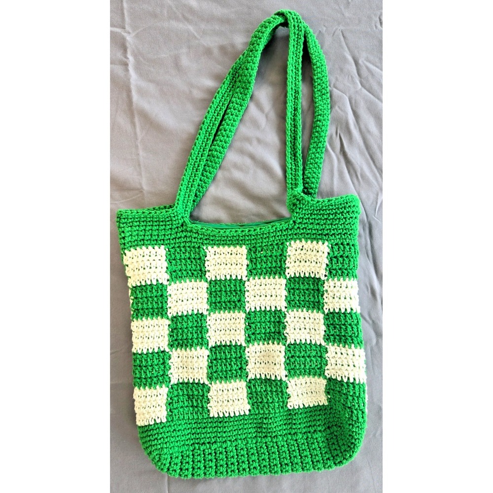 Checkerboard Crochet Bag Tote Zipper Green Retro Bohemian Boho Nostalgic